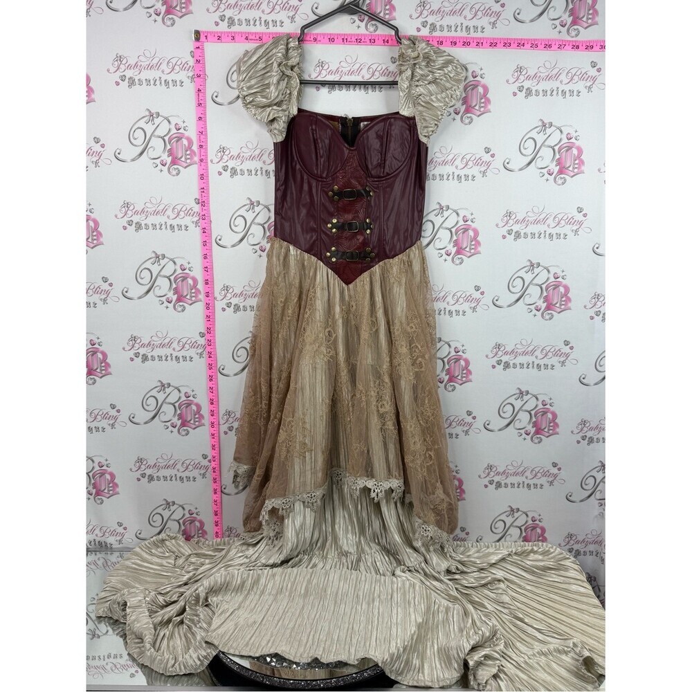 Spirit Halloween dress bustier Burgundy and Champagne Steampunk Corset Gown
